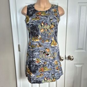 Vintage Hawaiian tropical beach dress gray fish palm tree women's large